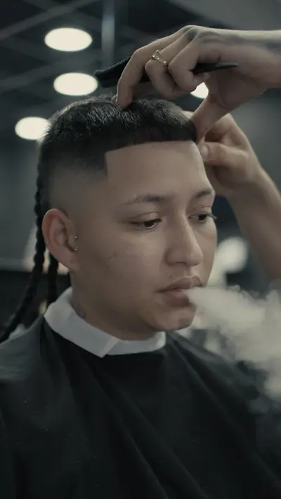Cliente durante un corte de pelo en una barbería de Madrid
